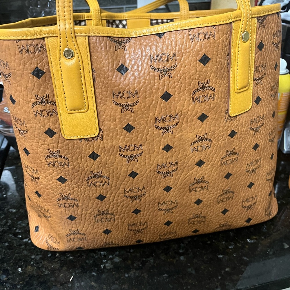 MCM Visetos Shopper Tote Bag Cognac with Signature Monogram- Tan/Yellow - Picture 2 of 12